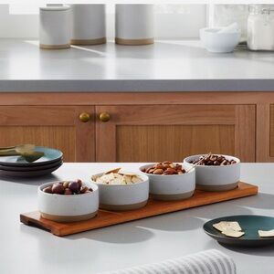 Hearth & Hand Magnolia Wood Paddle Serving Board w/ 4 Speckled Stoneware Bowls